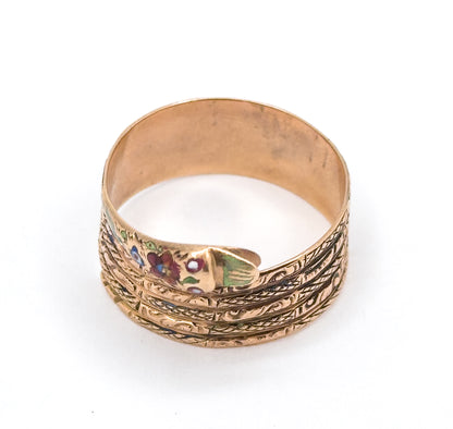 Victorian Wide Band Snake Ring with Enamel Details