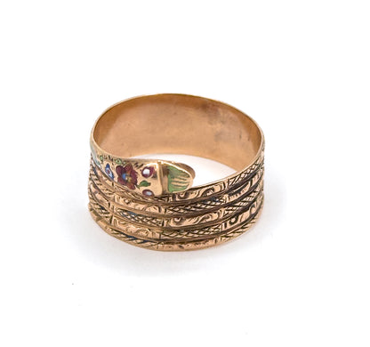 Victorian Wide Band Snake Ring with Enamel Details