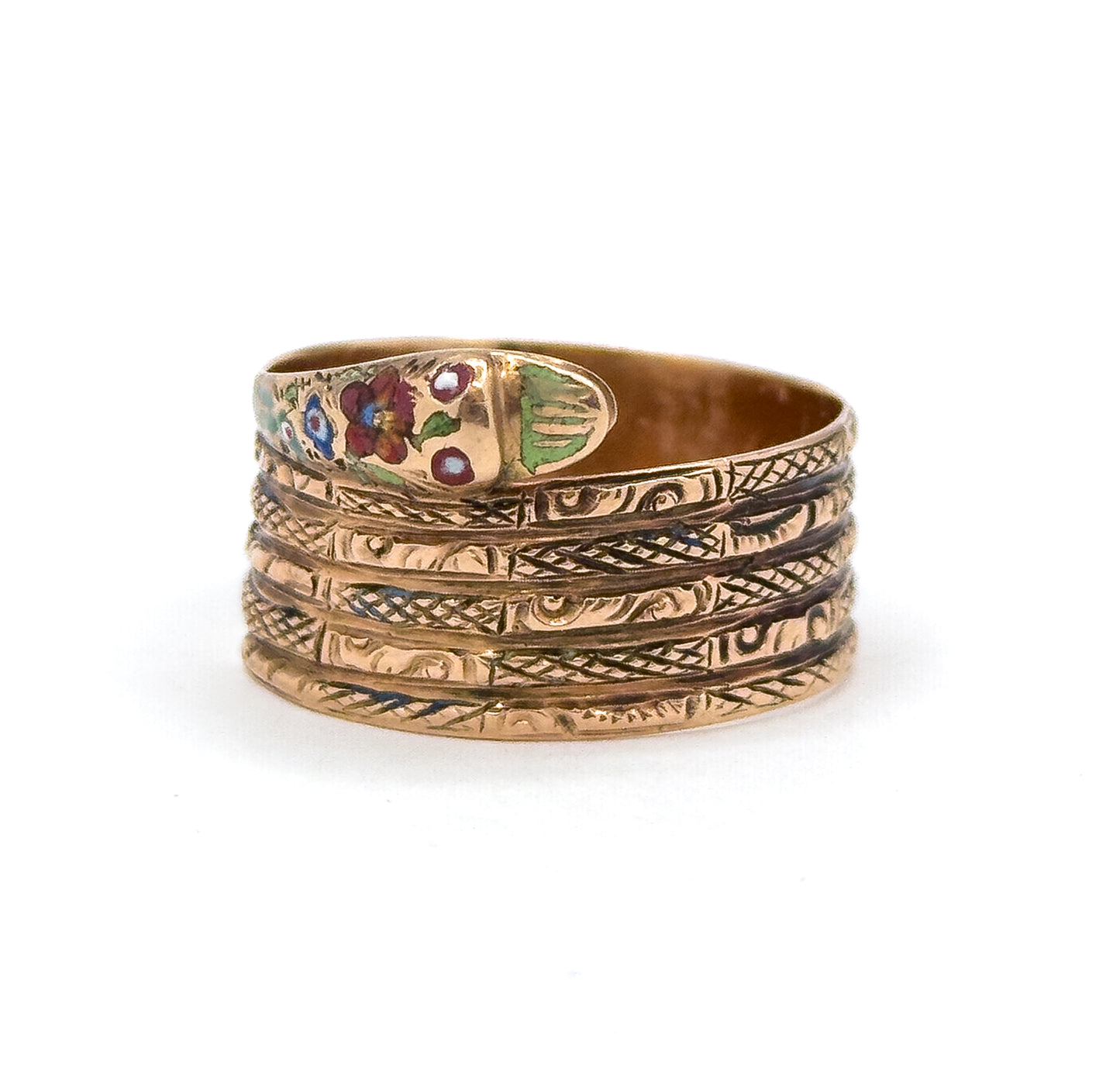 Victorian Wide Band Snake Ring with Enamel Details