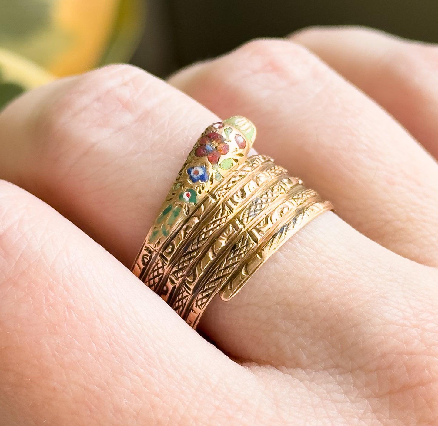 Victorian Wide Band Snake Ring with Enamel Details