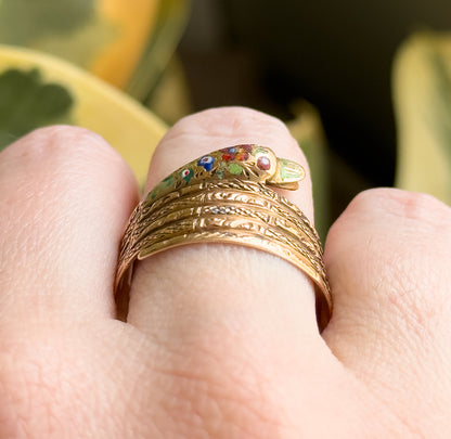 Victorian Wide Band Snake Ring with Enamel Details