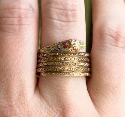 Victorian Wide Band Snake Ring with Enamel Details