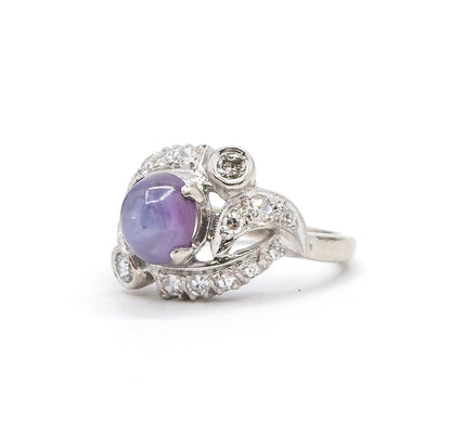 Mid-Century natural Purple Sapphire & Diamond Ring in White Gold