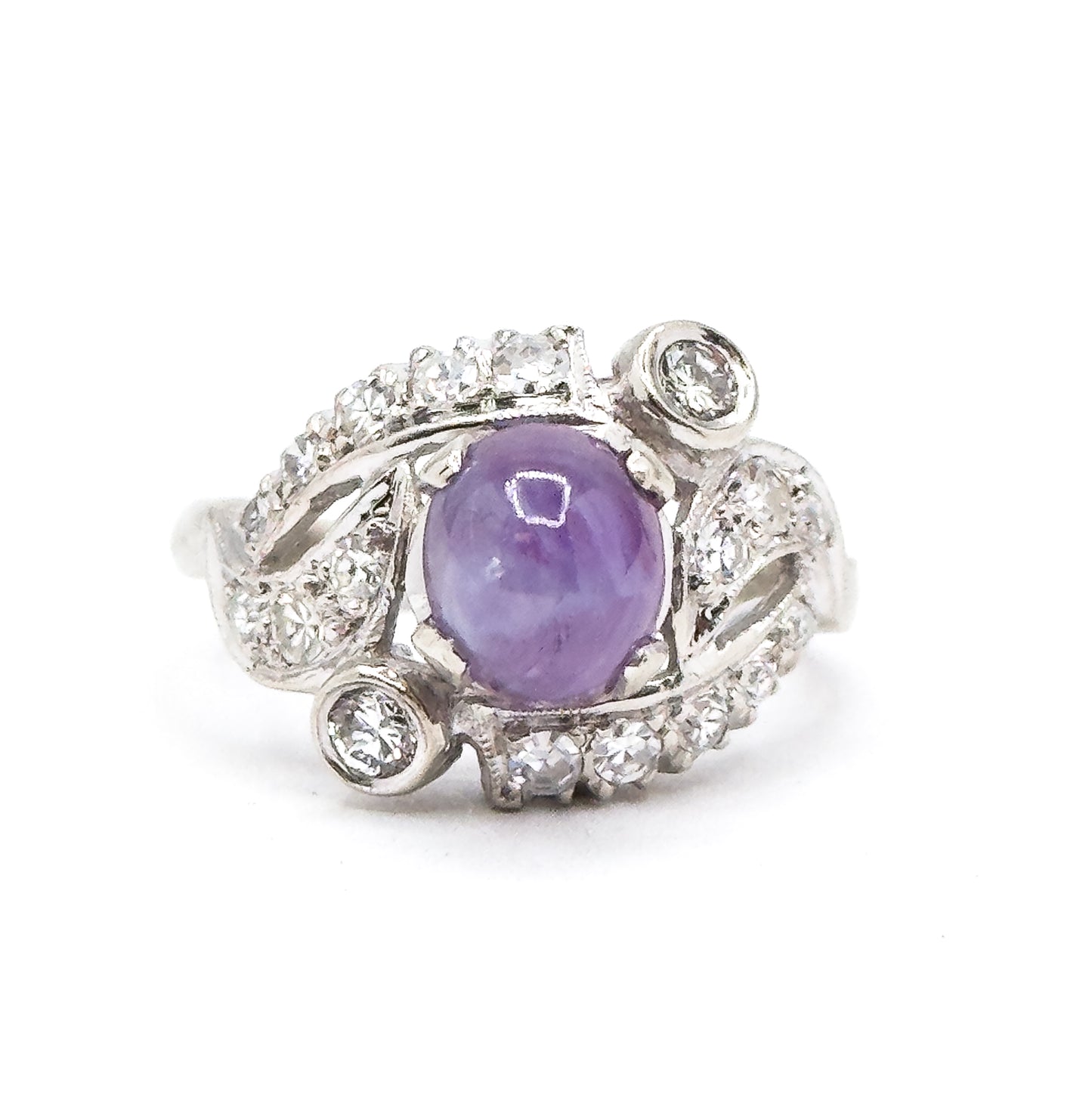Mid-Century natural Purple Sapphire & Diamond Ring in White Gold