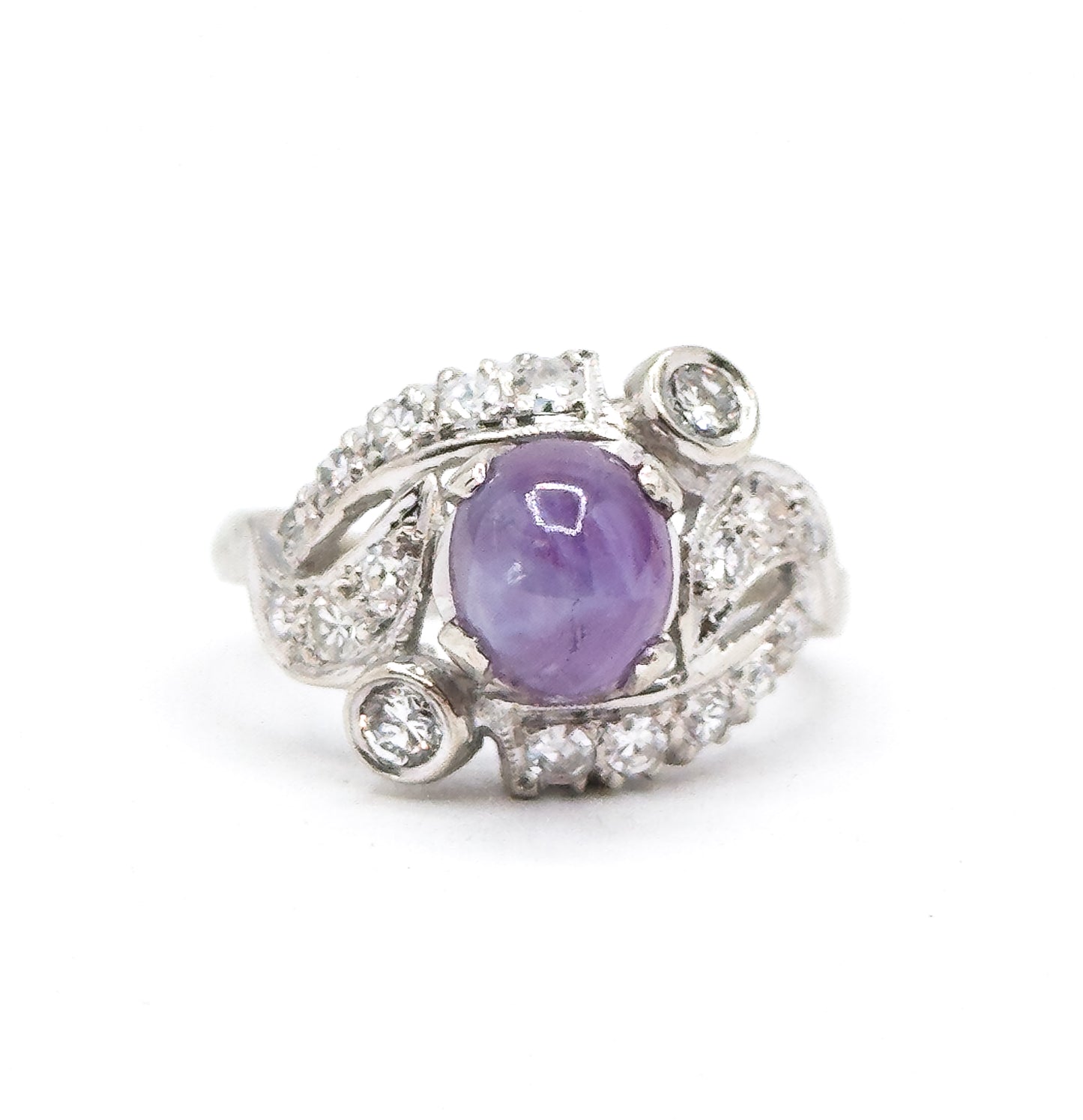 Mid-Century natural Purple Sapphire & Diamond Ring in White Gold