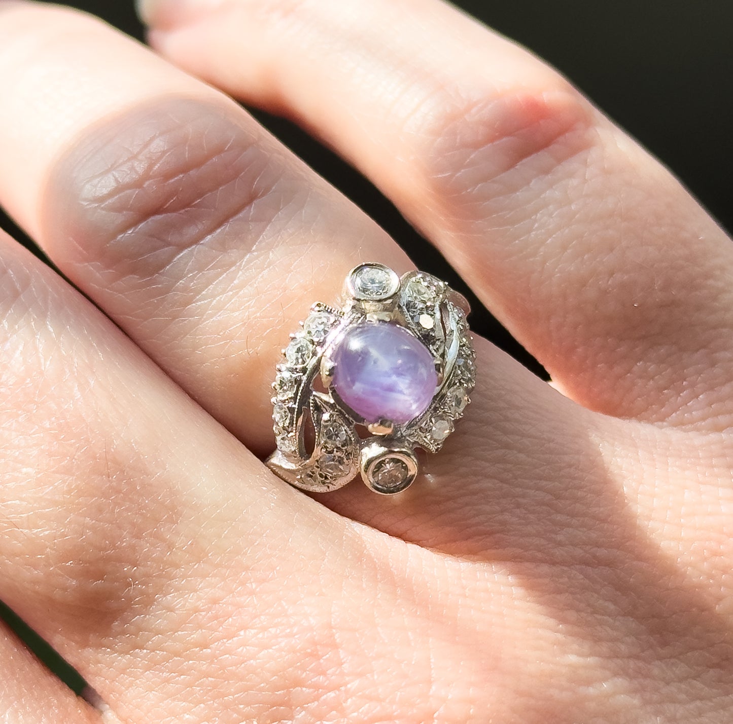 Mid-Century natural Purple Sapphire & Diamond Ring in White Gold