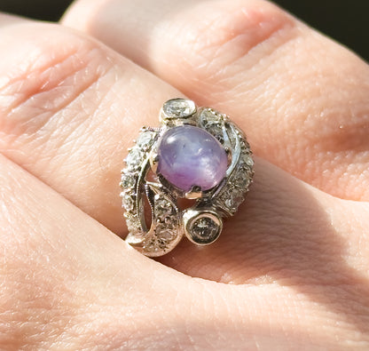 Mid-Century natural Purple Sapphire & Diamond Ring in White Gold