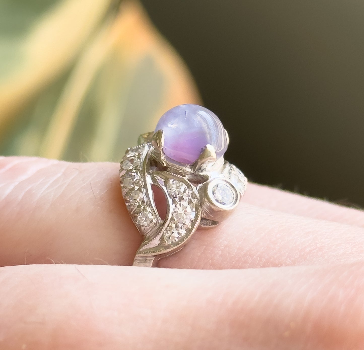 Mid-Century natural Purple Sapphire & Diamond Ring in White Gold
