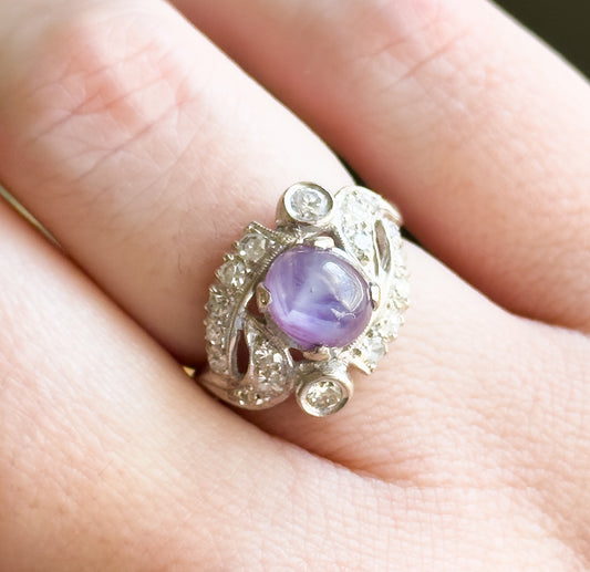 Mid-Century natural Purple Sapphire & Diamond Ring in White Gold