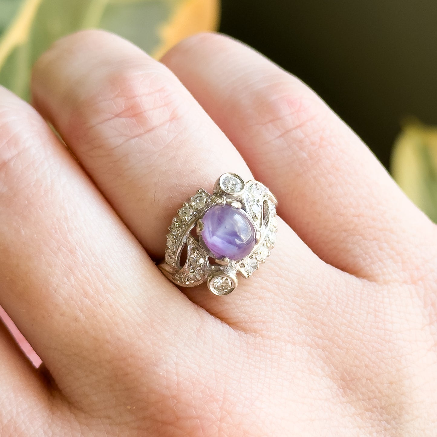 Mid-Century natural Purple Sapphire & Diamond Ring in White Gold