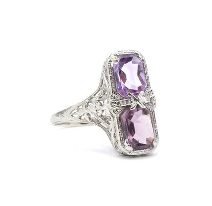 Art Deco Filigree Toi et Moi Amethyst Shield Ring in White Gold