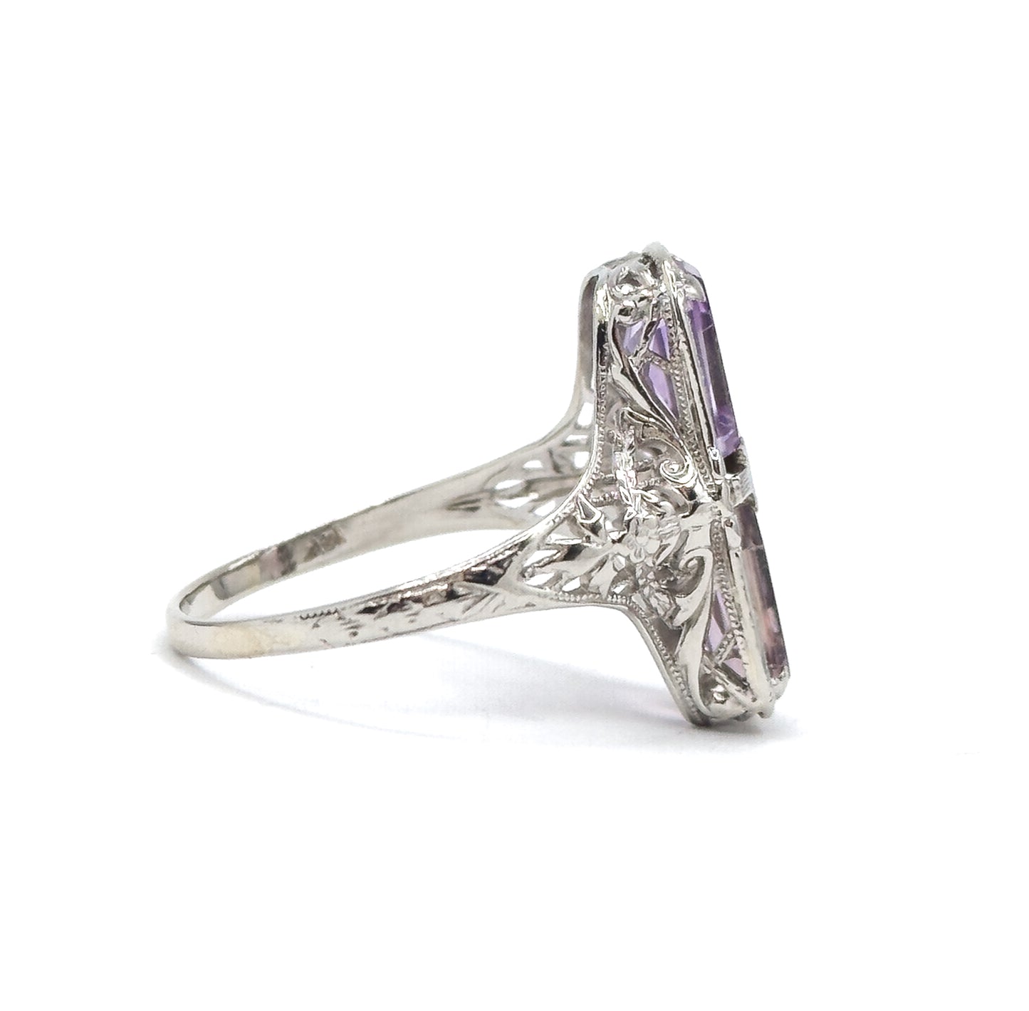 Art Deco Filigree Toi et Moi Amethyst Shield Ring in White Gold