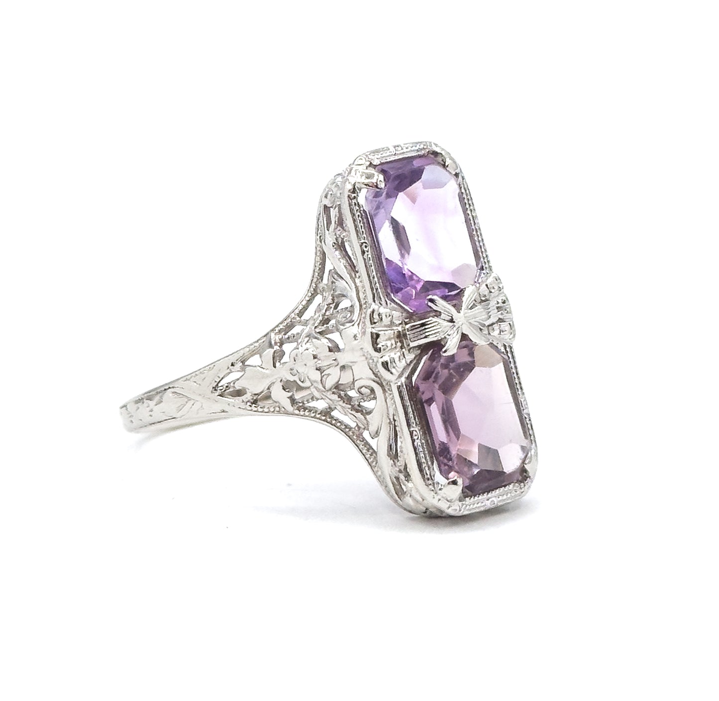 Art Deco Filigree Toi et Moi Amethyst Shield Ring in White Gold