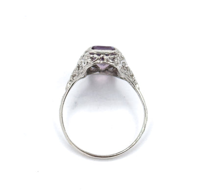 Art Deco Filigree Toi et Moi Amethyst Shield Ring in White Gold