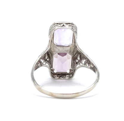 Art Deco Filigree Toi et Moi Amethyst Shield Ring in White Gold