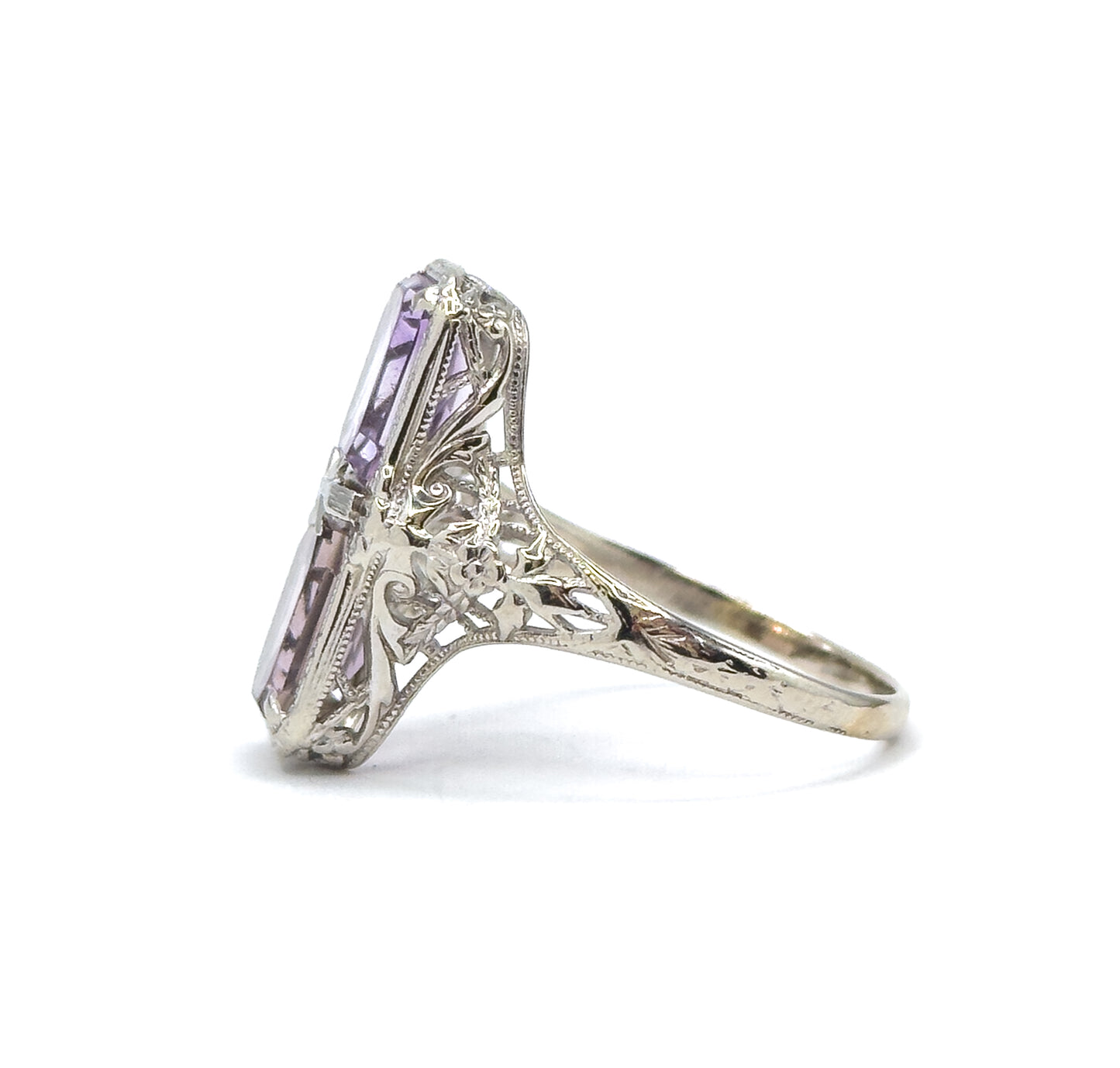 Art Deco Filigree Toi et Moi Amethyst Shield Ring in White Gold
