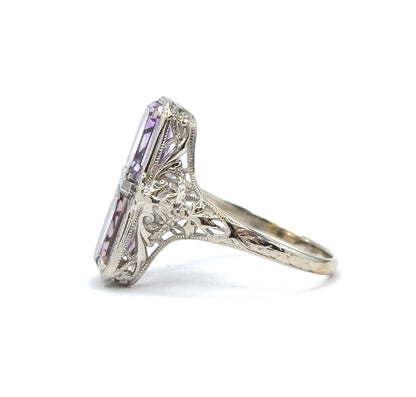 Art Deco Filigree Toi et Moi Amethyst Shield Ring in White Gold