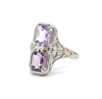Art Deco Filigree Toi et Moi Amethyst Shield Ring in White Gold