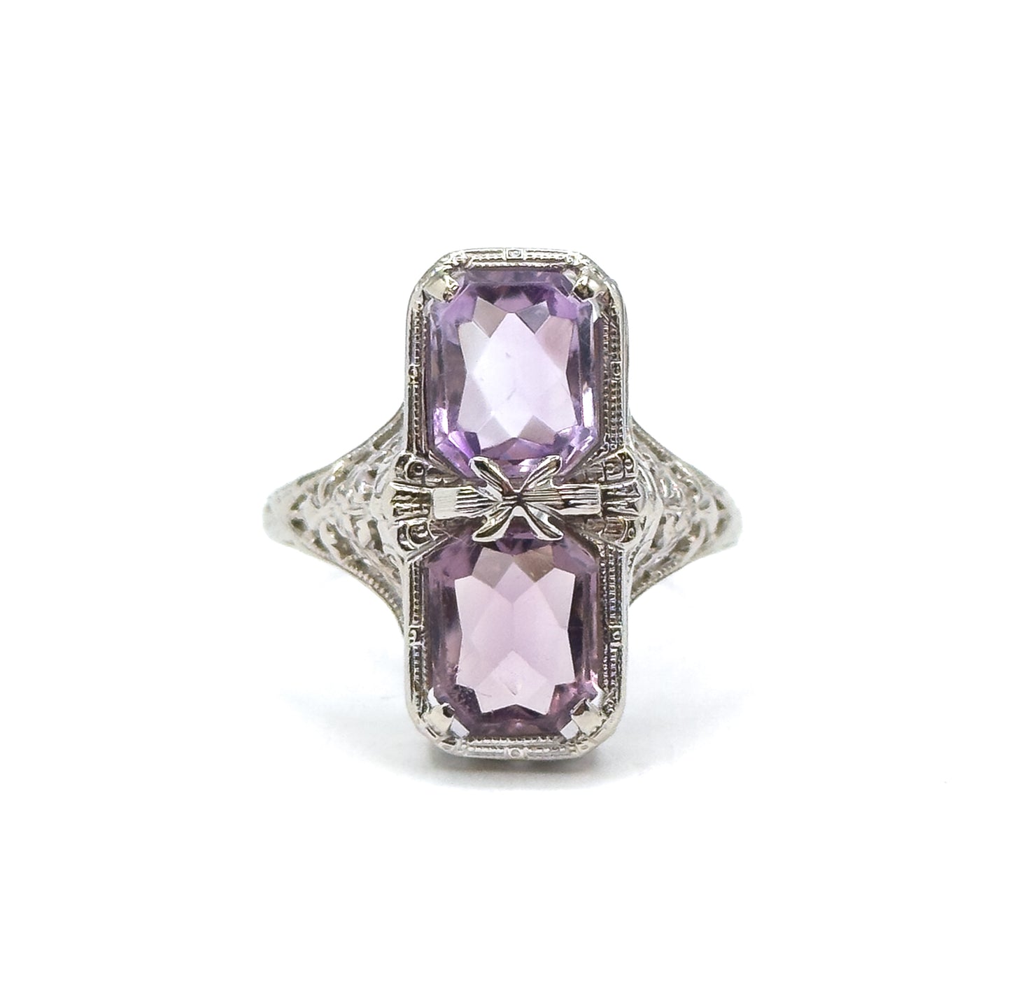 Art Deco Filigree Toi et Moi Amethyst Shield Ring in White Gold