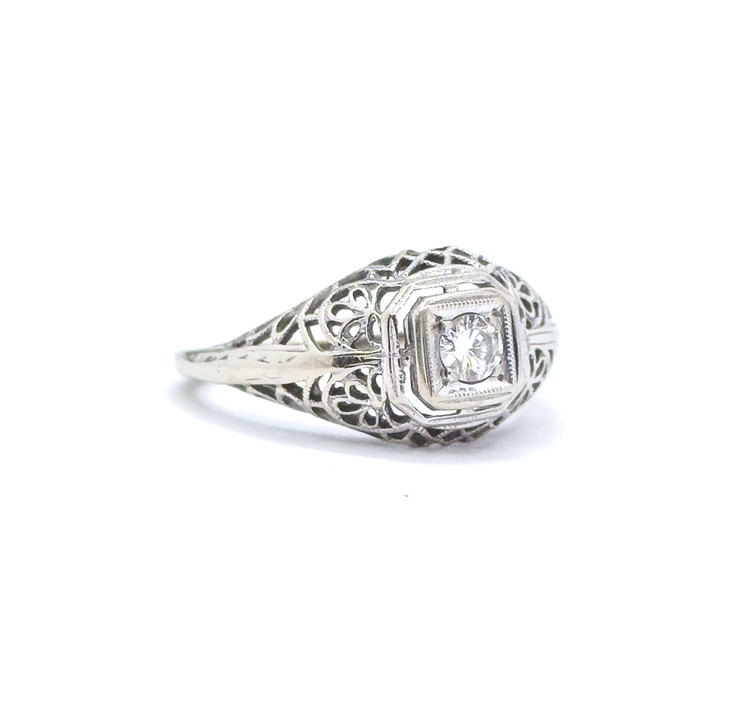 Art Deco Domed Filigree Diamond Ring in White Gold
