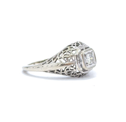 Art Deco Domed Filigree Diamond Ring in White Gold