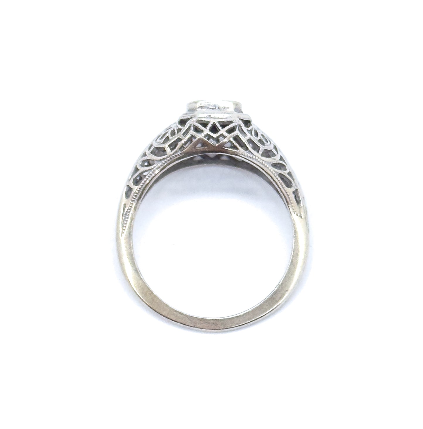 Art Deco Domed Filigree Diamond Ring in White Gold