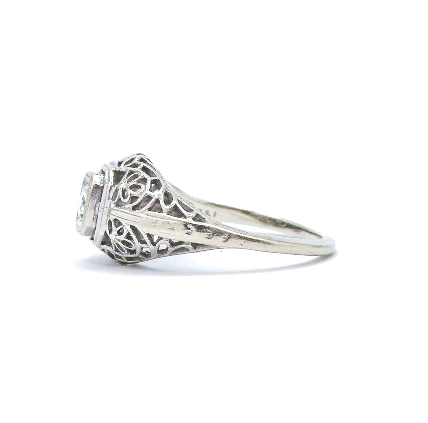 Art Deco Domed Filigree Diamond Ring in White Gold