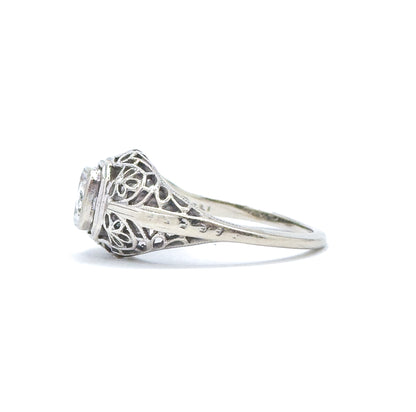 Art Deco Domed Filigree Diamond Ring in White Gold
