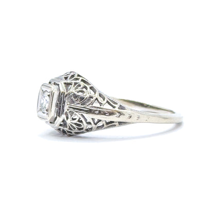 Art Deco Domed Filigree Diamond Ring in White Gold