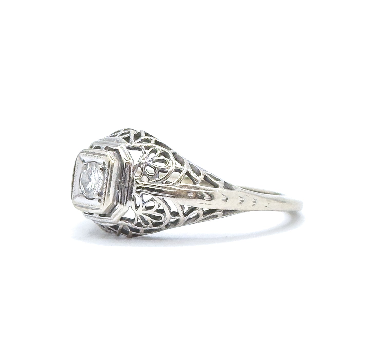 Art Deco Domed Filigree Diamond Ring in White Gold