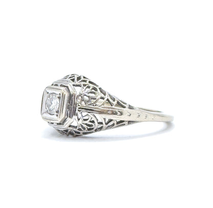 Art Deco Domed Filigree Diamond Ring in White Gold