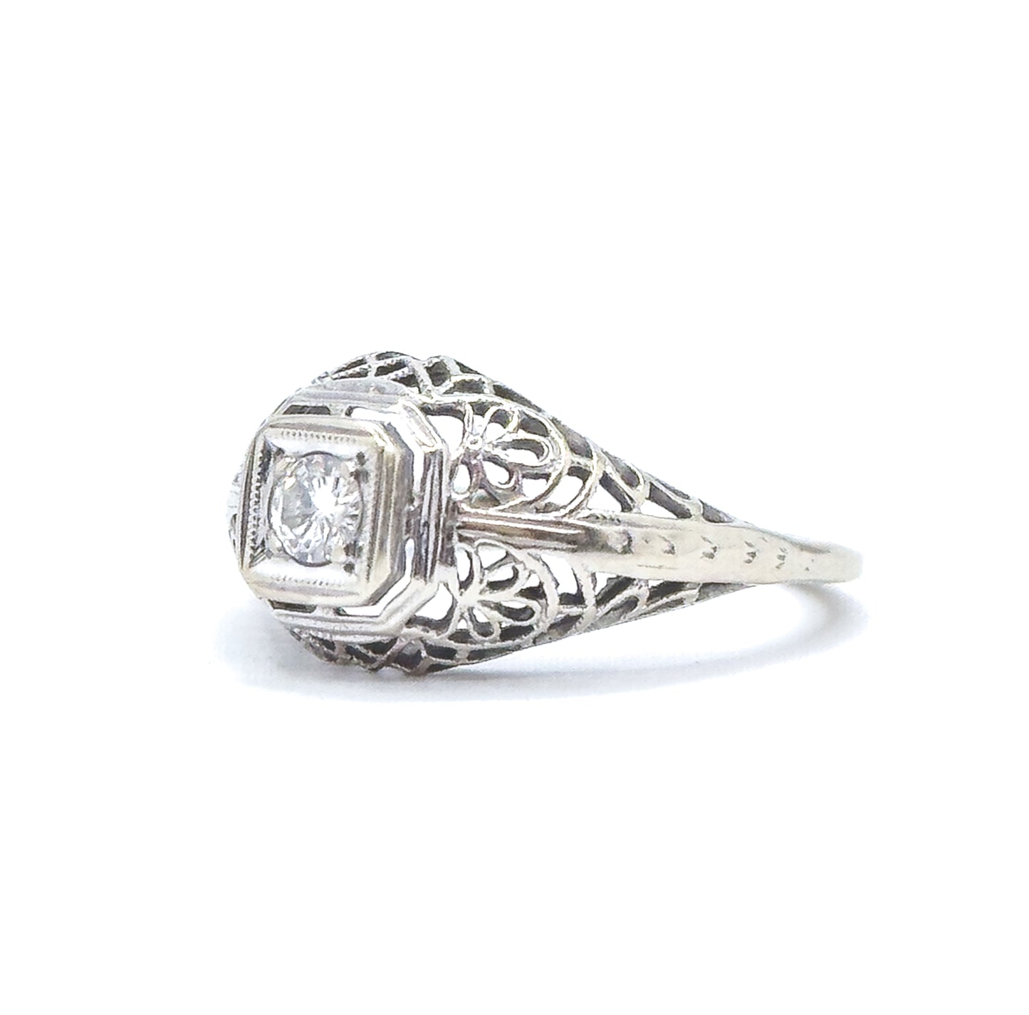 Art Deco Domed Filigree Diamond Ring in White Gold