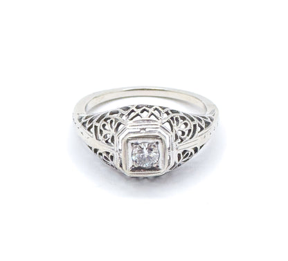 Art Deco Domed Filigree Diamond Ring in White Gold