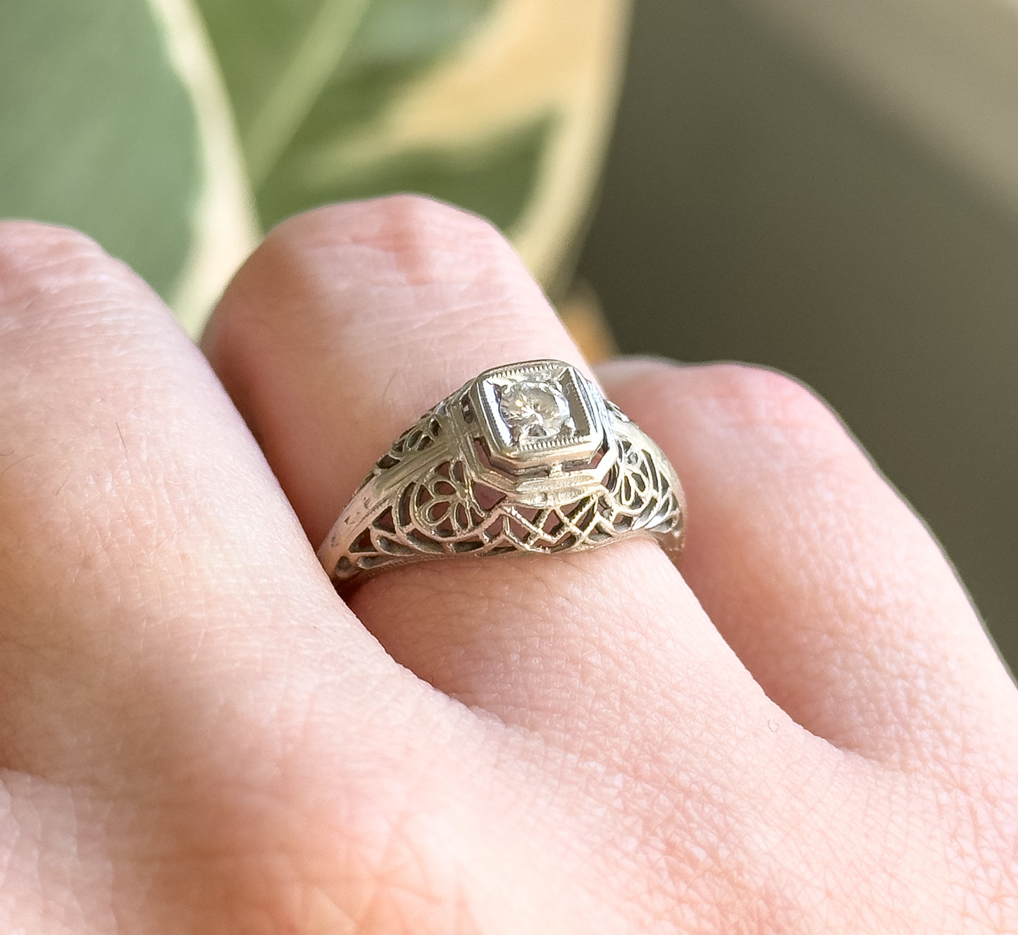Art Deco Domed Filigree Diamond Ring in White Gold
