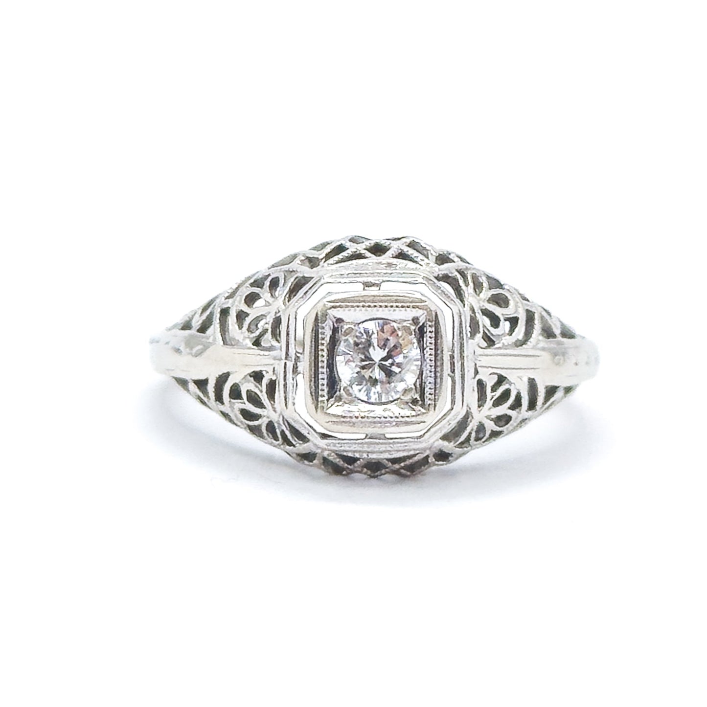 Art Deco Domed Filigree Diamond Ring in White Gold