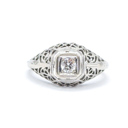 Art Deco Domed Filigree Diamond Ring in White Gold