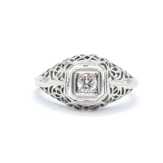 Art Deco Domed Filigree Diamond Ring in White Gold