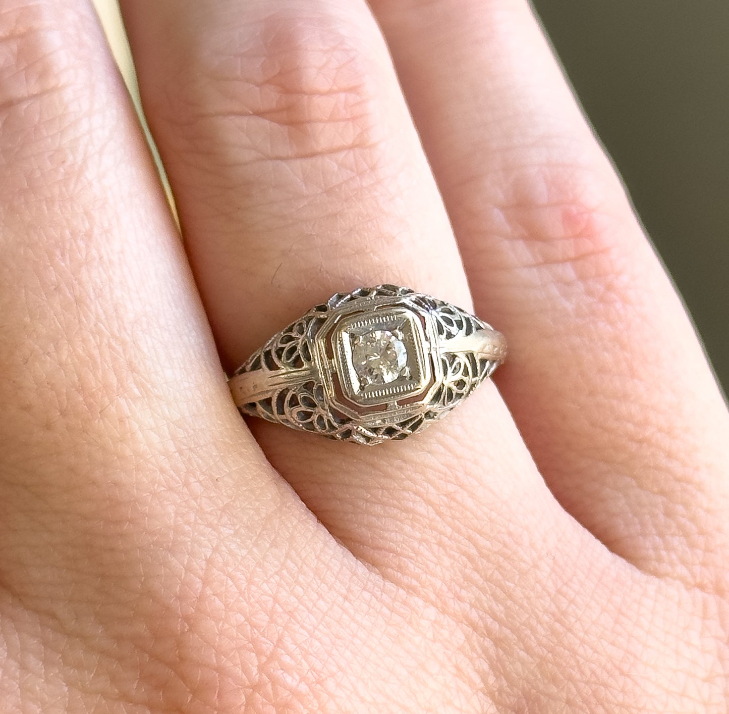 Art Deco Domed Filigree Diamond Ring in White Gold