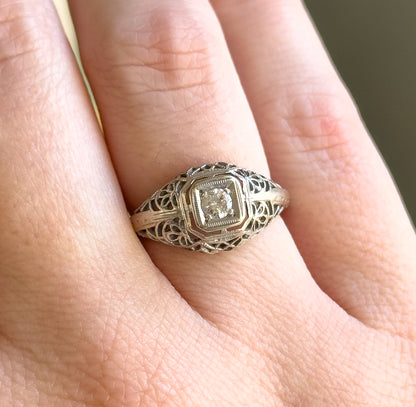 Art Deco Domed Filigree Diamond Ring in White Gold