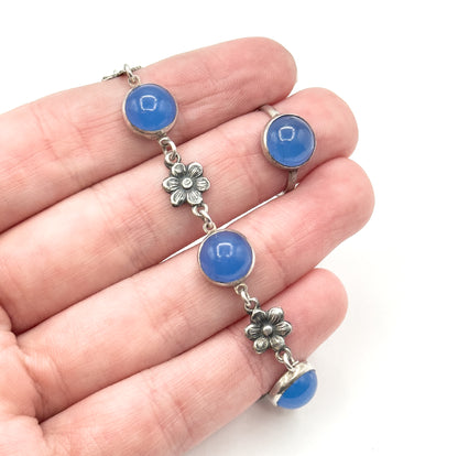 Vintage Blue Glass Cabochon Bracelet & Ring Set in Silver