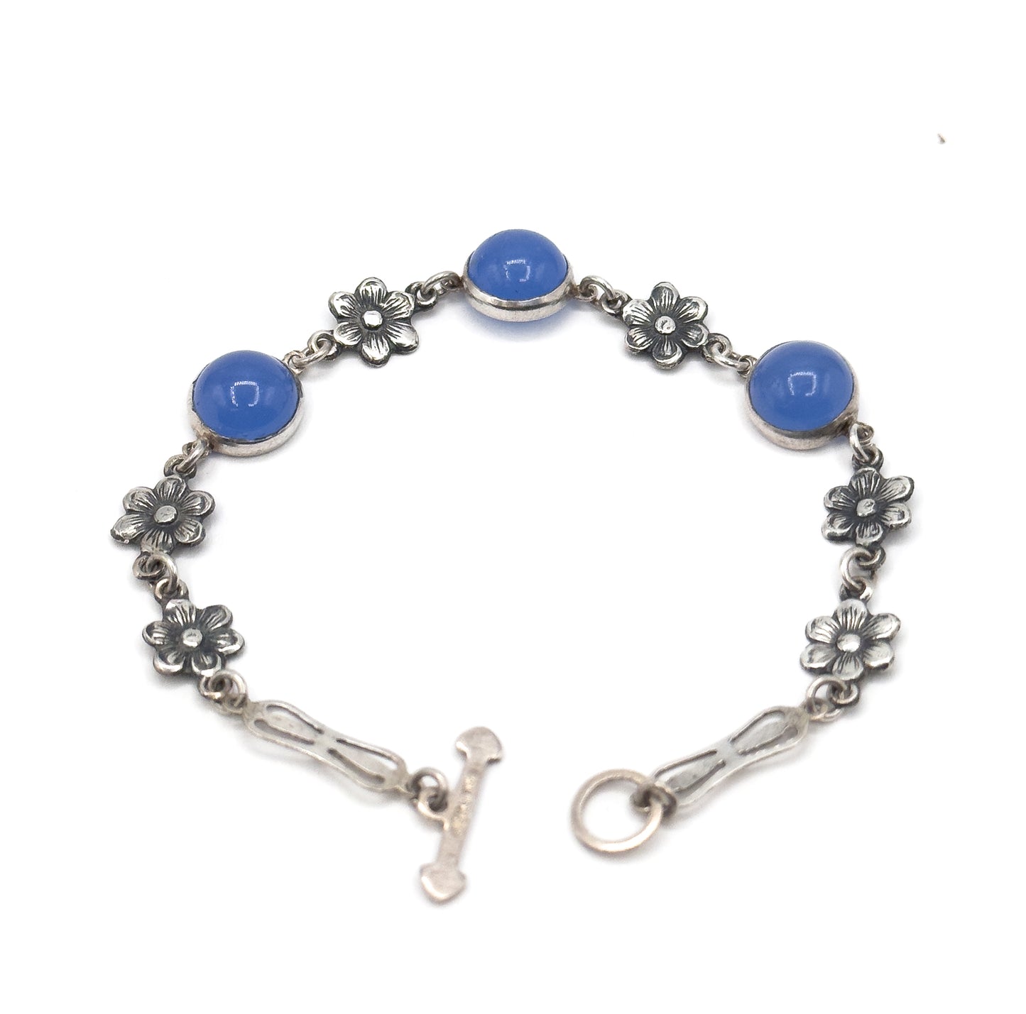 Vintage Blue Glass Cabochon Bracelet & Ring Set in Silver