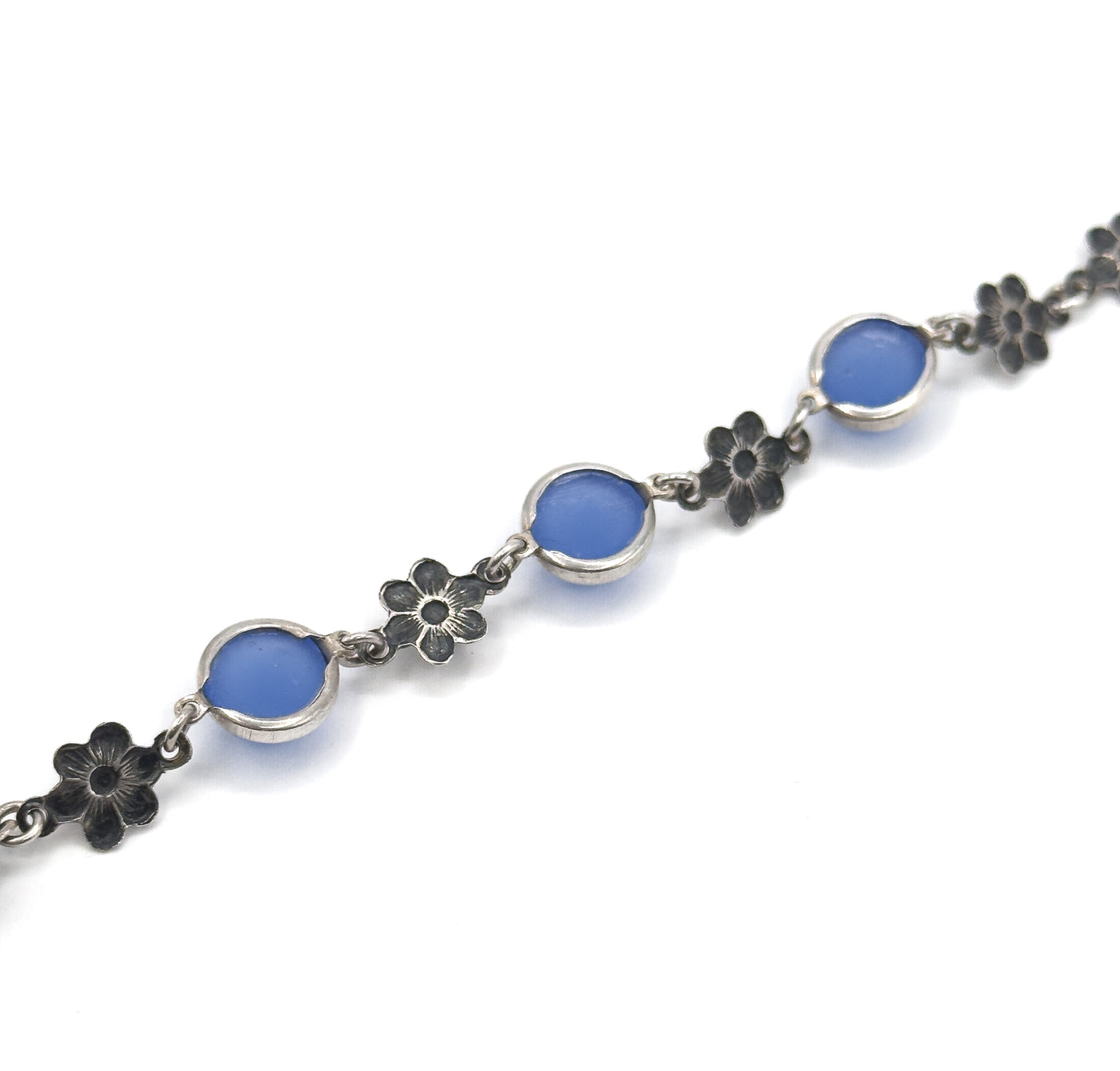 Vintage Blue Glass Cabochon Bracelet & Ring Set in Silver