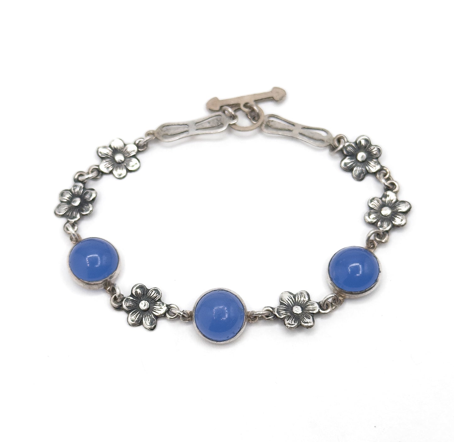 Vintage Blue Glass Cabochon Bracelet & Ring Set in Silver