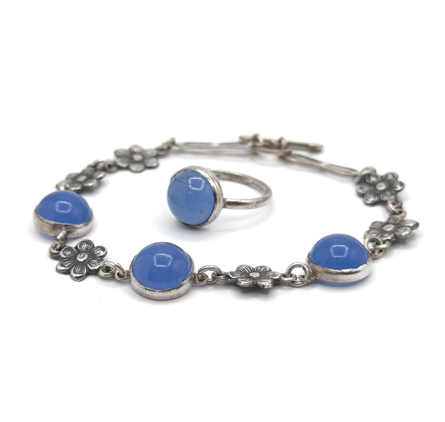 Vintage Blue Glass Cabochon Bracelet & Ring Set in Silver