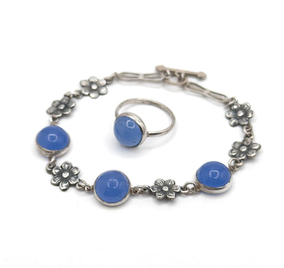 Vintage Blue Glass Cabochon Bracelet & Ring Set in Silver