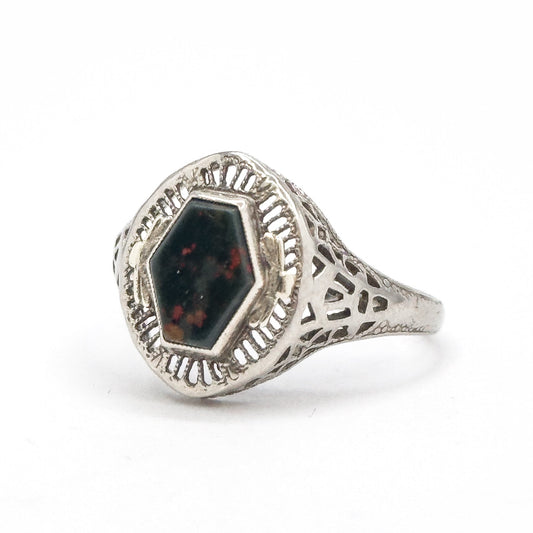 Art Deco Bloodstone Signet Ring in White Gold