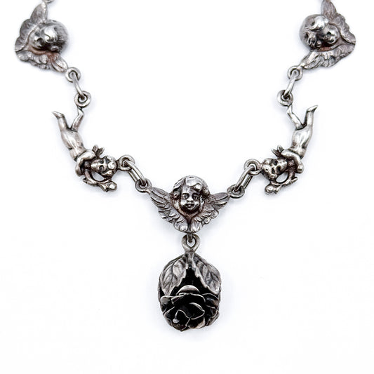 Antique Figural Cherub & Rose Choker Necklace in Silver