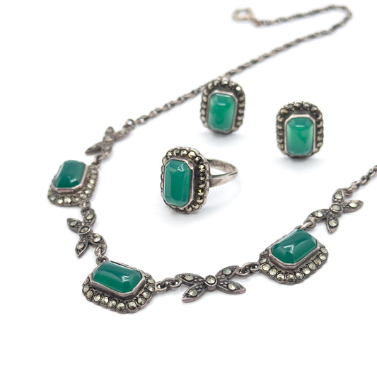 Vintage Chrysoprase & Marcasite Necklace, Earringb & Ring Set in Silver