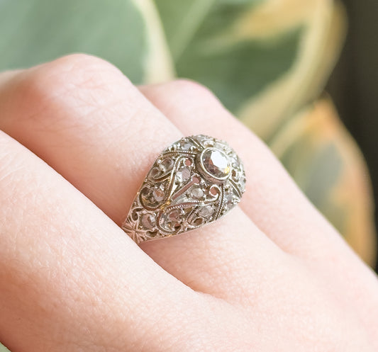 Antique Old European and Rose Cut Diamond Ring in Silver