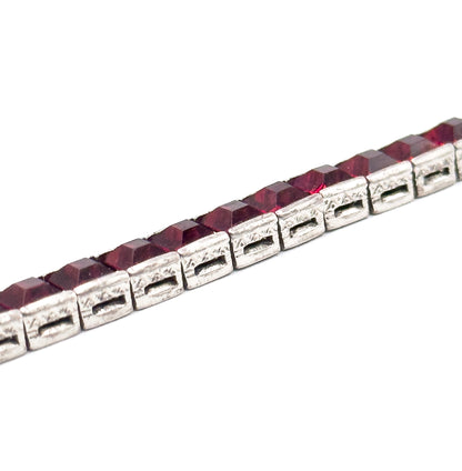 Vintage Art Deco French Cut Red paste Line Bracelet in Silver